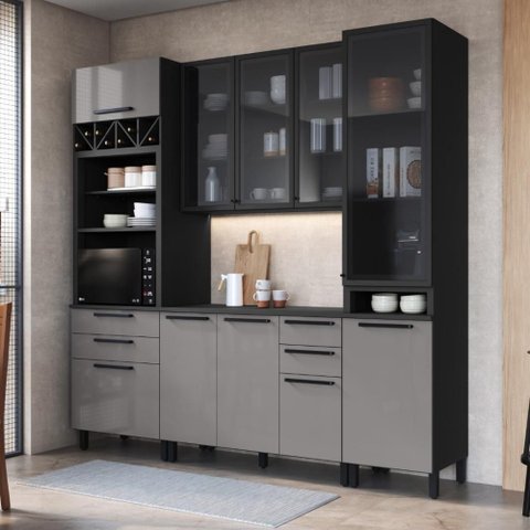 Cozinha Modulada Compacta 4 Peças 240cm 10 Portas 4 Gavetas com Tampo Mônaco Cinza Chumbo/Titânio