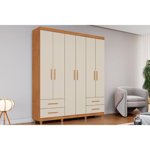 Guarda Roupa Solteiro 6 Portas e 4 Gavetas C/ Pés Canadá Plus Cinamomo/off White - Conquista