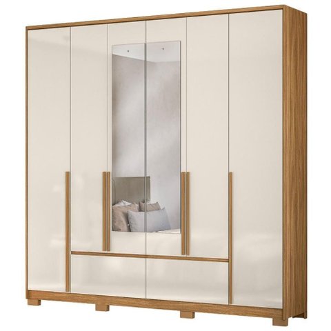 Guarda Roupa Casal Denver 6 Portas de Bater 4 Gavetas MDP Freijo Off White Moval Móveis