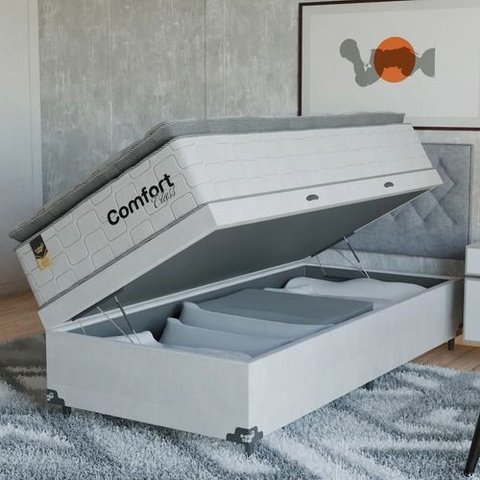 Cama Box Baú Solteiro + Colchão Comfort Class Pillow Top Branco/suede Branco