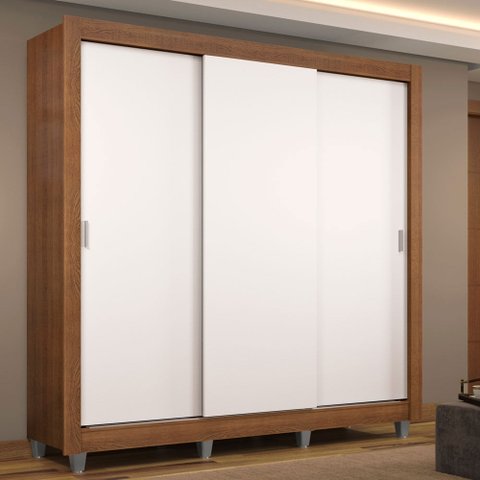 Guarda-Roupa Casal Madesa Mônaco 3 Portas de Correr com Pés Rustic/Branco Cor:Rustic/Branco