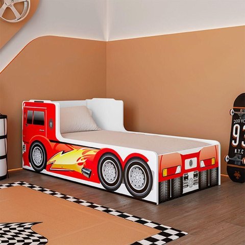 Cama Caminhão Solteiro Infantil Juvenil com Cabeceira Peseira Estampadas para Quarto - Vermelho
