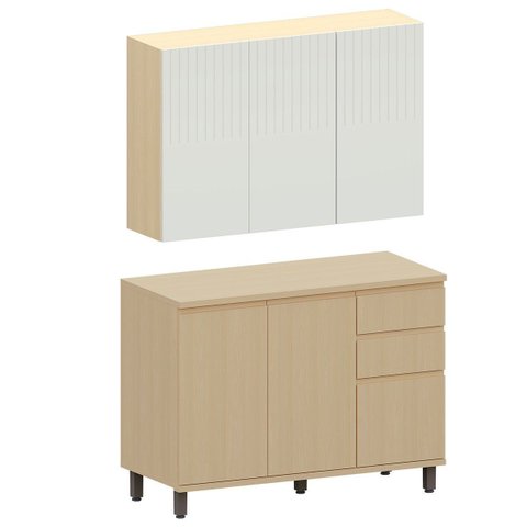 Kit Armário Aéreo 3 Portas e Balcão de Cozinha 120 Cm Aurora Cinza Cristal Pet/carvalho