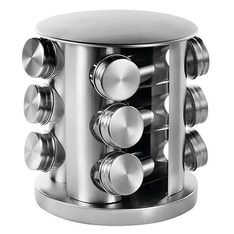 Porta Condimentos Inox com 12 Frascos de Vidro e Suporte Cor:prata