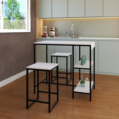 Mesa Bistrô 100cm com 2 Banquetas Active Yescasa Branco/Chess/Preta