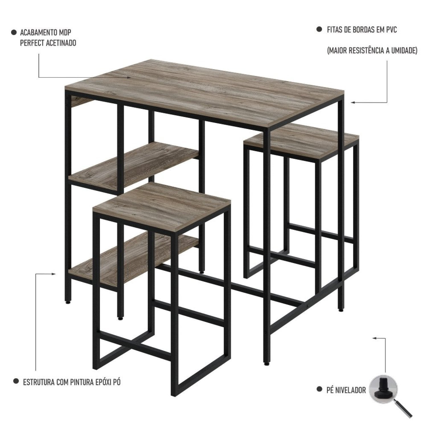 Mesa Bistrô 100cm 2 Banquetas Active Yescasa - 3