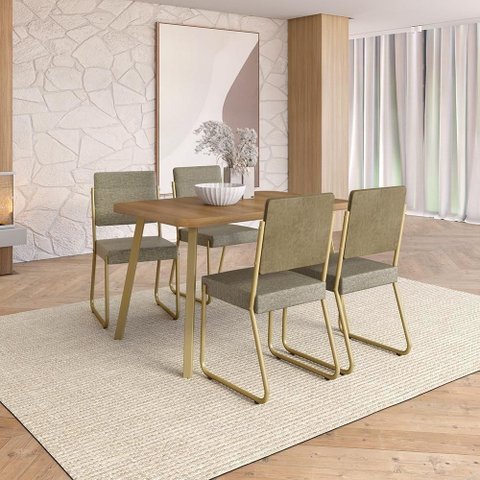 Conjunto Sala de Jantar Ava 4 Lugares Tampo MDP Dourado 120cm Móveis Carraro