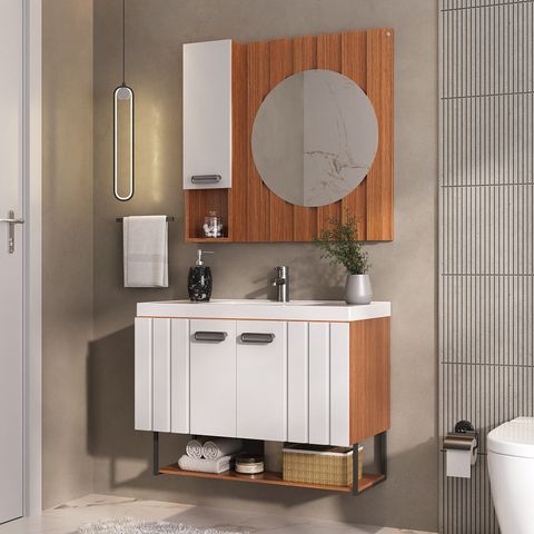 Conjunto de Banheiro Completo com Gabinete Suspenso 80cm Lavatório e Espelheira Bali Marrom/Madeirada