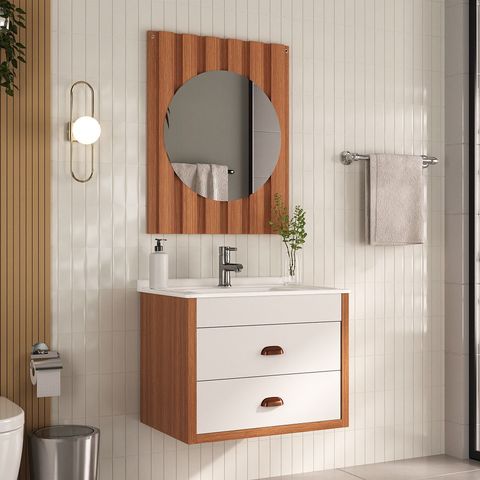 Conjunto para Banheiro Completo com Gabinete Suspenso 65cm 2 Gavetas com Lavatório e Espelheira Ripada Cairo Marrom/Cinamomo
