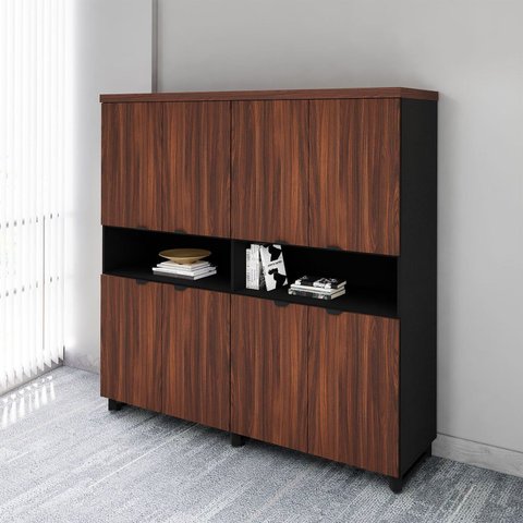 Armário Estante para Escritório com 8 Portas de Abrir e 2 Nichos F5 Office Marrom/Louro Preto com Pr