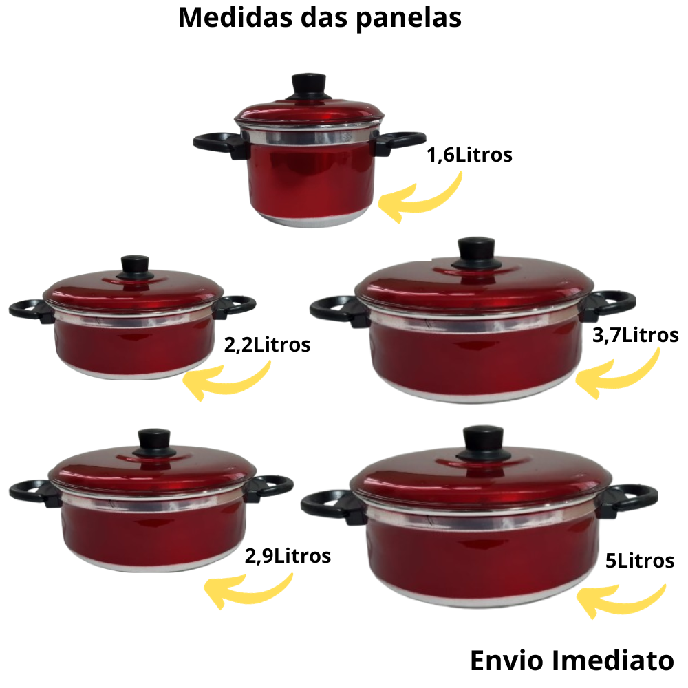 Kit Jogo de Panelas Vermelha com Tampa 5 Peças Aluminio - 4