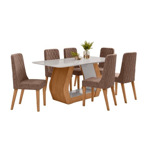 Conjunto Sala de Jantar Mesa Laini 160 Tampo Vidro Off White com 6 Cadeiras Luar - Lopas Amendoa Cle