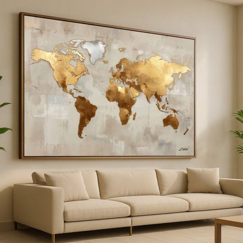 Quadro Mapa Mundi Moderno Aurora Dourada - 123x83cm