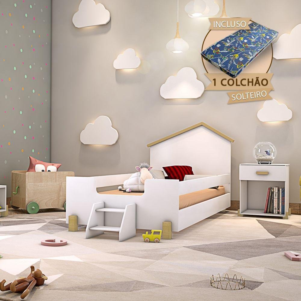 Cama de Criança Infantil com Colchão e Escadinha Solteiro Ayla Branca e ...