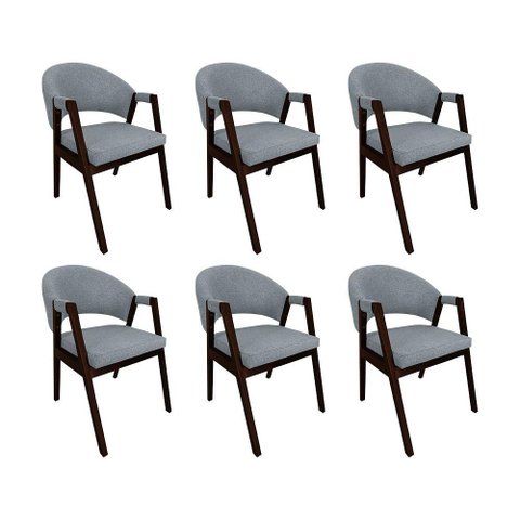 Kit 6 Cadeiras de Jantar Madeira Maciça Castanho Premium Helen Linho Cinza - Cor: Cinza