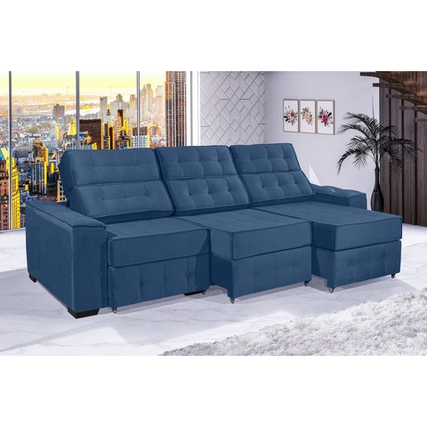 Sofá Retrátil e Reclinável 4,10m Estilo Estofados - Paris 3 Módulos com Velusoft D33 "azul"