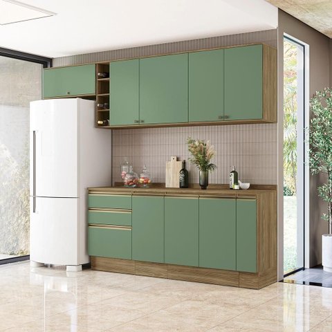 Armário de Cozinha Completa Garrafeiro 100% Mdf 280cm Nogueira/verde Celeste Kappesberg