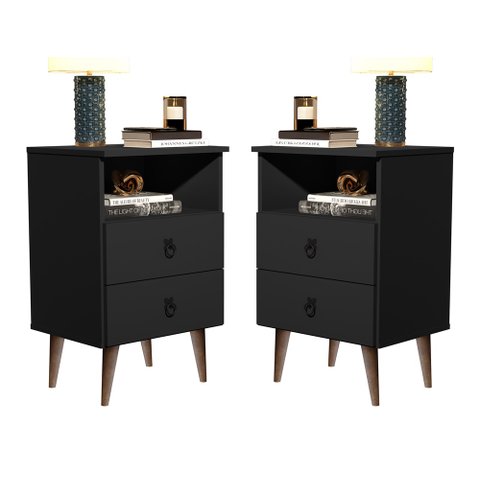 Kit 2 Mesas de Cabeceira Madri Retrô com Pés Palito 2 Gavetas Preto