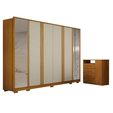 Guarda Roupa Casal Ares 6 Portas com Espelho Cinamomo Off-white com Cômoda Diamante 4 Gavetas 1 Port