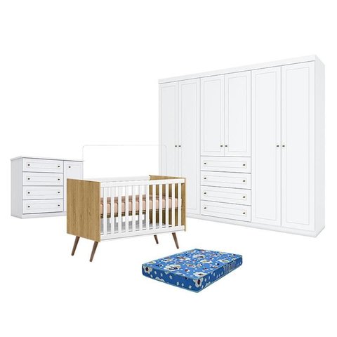 Quarto de Bebê Americano 6 Portas Com berço Americano Q Encanto 3820 Retrô Freijó Toq Branco Acetina