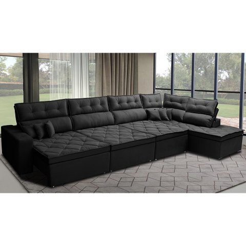 Sofá de Canto 4.80x2.36m Retrátil e Reclinável com Molas Cama inBox Platinum Direito Suede Preto