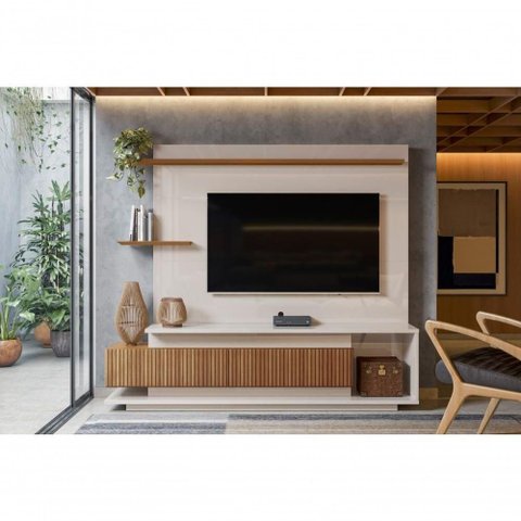 Home Istambul Painel para Tvs até 65 Polegadas 2 Portas Off White Perolizado Jequitiba Ripado