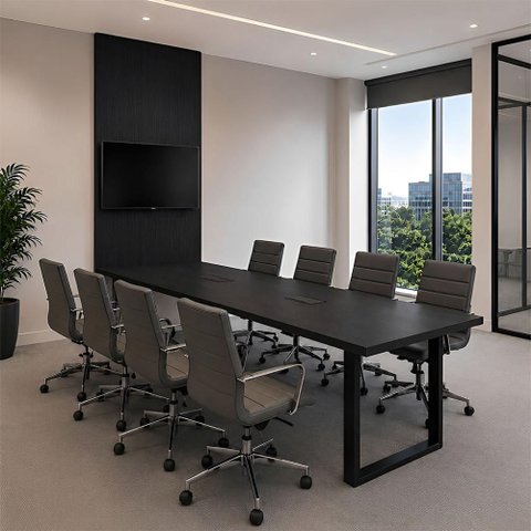 Mesa Reunião Industrial 250cm 100% MDF com 2 Caixas de Tomadas e Painel TV F5 Office Cor:Preto