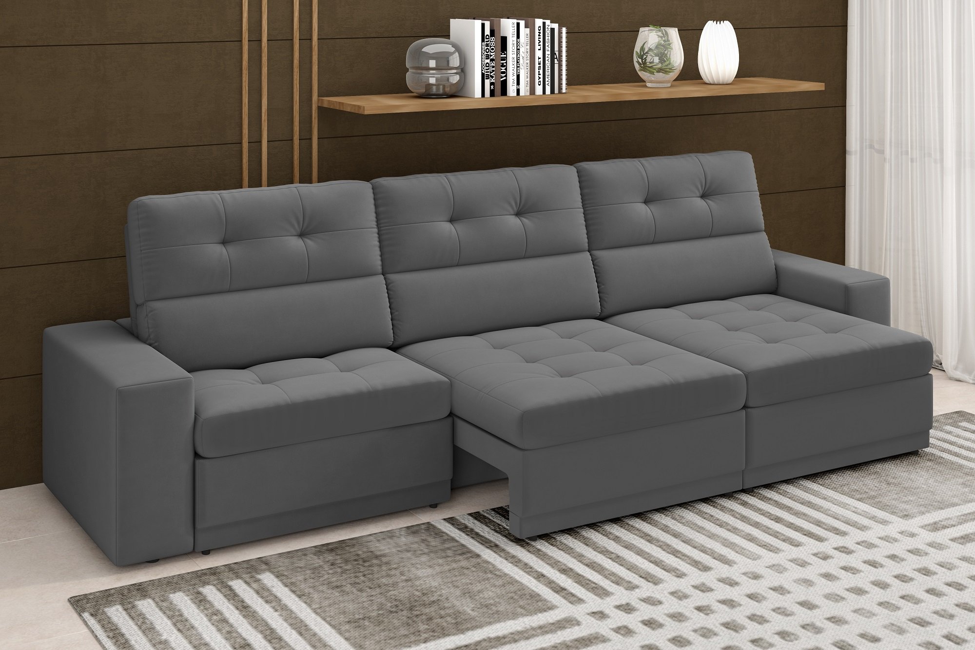 Sofá Roma Premium 2,30m Assento Retrátil/reclinável Suede Cinza Xflex Sofás