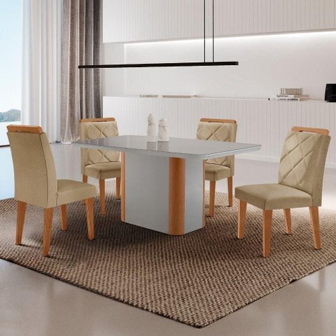 Mesa de Jantar Isadora com 4 Cadeiras Moderna Mobilia Turim 07/off//serig. Off com Vidro
