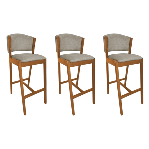 Kit 3 Banquetas Altas de Madeira Maciça Ana em Linho Premium Cor do Assento:bege Linho;cor da Estrut