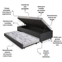 Bicama Box Baú Solteiro 88x188 Corino Linho com Colchão de Espuma Ecoline D20 Ecoflex - 5