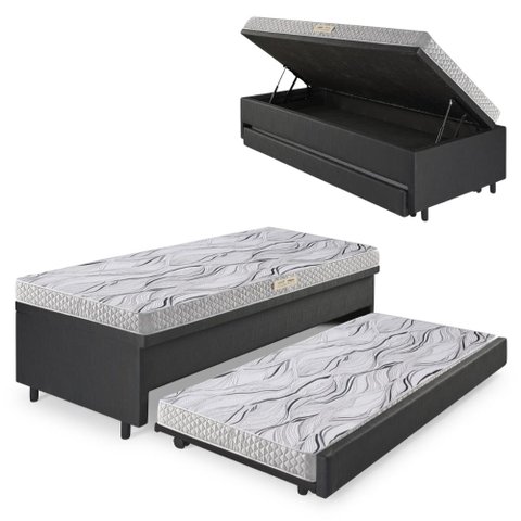 Bicama Box Baú Solteiro 88x188 Corino Linho com Colchão de Espuma Ecoline D20 Ecoflex