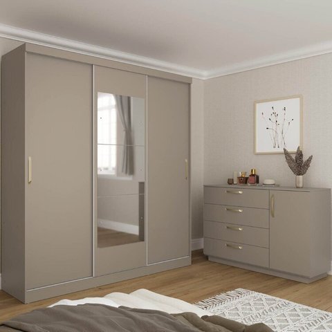 Kit Guarda Roupas 3 Portas e Cômoda Araçá CabeCasa MadeiraOriginals Cinza/Fendi