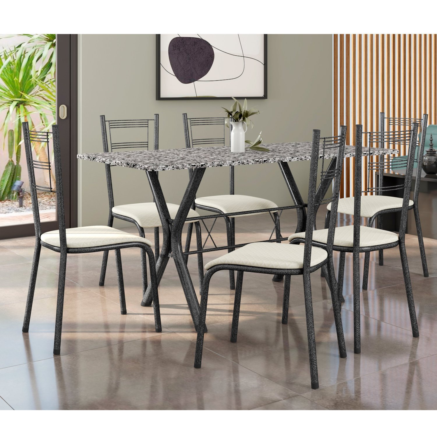 Conjunto Mesa Miami 150cm Granito 6 Cadeiras Santiago Assento Courino - 1