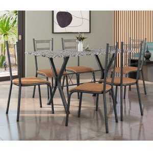 Conjunto Mesa Miami 150cm Granito 6 Cadeiras Santiago Assento Courino