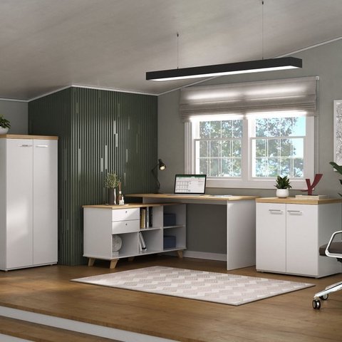 Conjunto 3 Peças Escrivaninha em L Gold com Armário Alto e Baixo Toq Olmo Branco