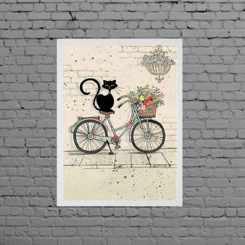Quadro Decorativo Gato Com Bicicleta 24x18cm - com vidro:Madeira preta
