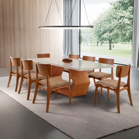 Sala de Jantar Mesa Ane 220cm Tampo Laqueado com Vidro Canto Moeda e 8 Cadeiras Viena Gold