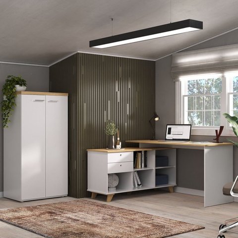 Conjunto 2 Peças Escrivaninha em L Gold com Armário Alto Toq Olmo Branco