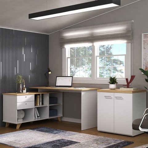 Conjunto 2 Peças Escrivaninha em L Gold com Armário Baixo Toq Olmo Branco