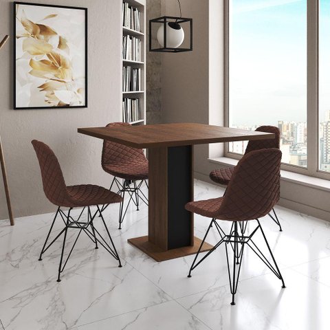 Mesa Jantar Londres Quadrada Amêndoa 90cm Base Preta 4 Cadeiras Eames Estofadas Caramelo Ferro