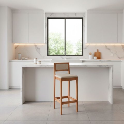 Kit 6 Banquetas Assento Encosto Estofado em Linho Hellen:mel com Linho Cru