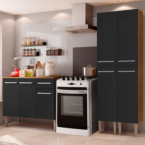 Cozinha Compacta Madesa Emilly Front com Balcão e Paneleiro Rustic/Preto Cor:Rustic/Preto