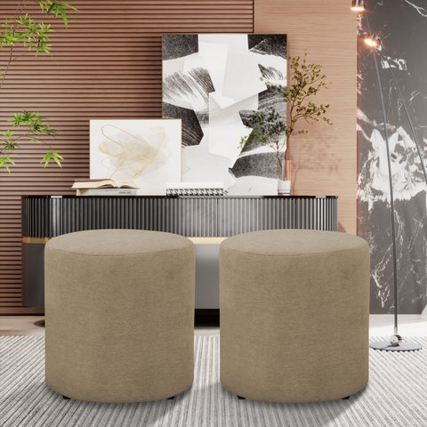 Kit 2 Puff Decorativo Sala de Estar Quarto Confortável Pés Madeira Viena Linho Bege