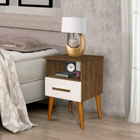 Mesa de Cabeceira Per Estilo Retrô com Pés em Madeira 1 Gaveta Cor Canela/off White Rm