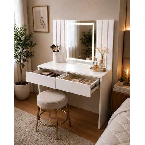Penteadeira Camarim com Espelho Jateado em LED e Gavetas Branco 110cm