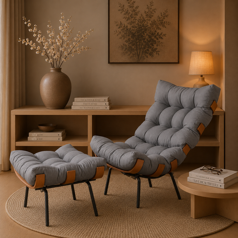 Poltrona Decorativa com Puff Linho Grafite Costela 67cm