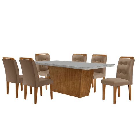 Mesa para Sala de Jantar Aida 180cm Mdf Canto Copo com Vidro e 6 Cadeiras Carol Moderna Mobília