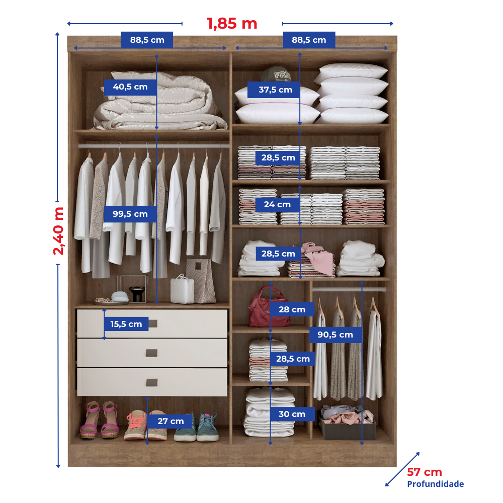 Guarda Roupa Solteiro MDF 4 Portas 3 Gavetas Paris Plus - 4