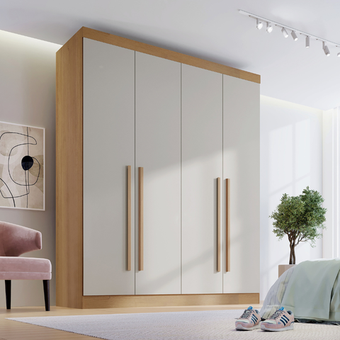 Guarda Roupa Solteiro 100% MDF 4 Portas 3 Gavetas Paris Plus Marrom/Cinamomo/Off White